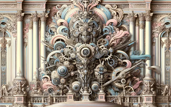 HD desktop wallpaper featuring intricate steampunk machinery melded with classic architecture in soft pastel tones.