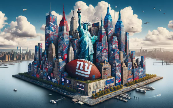 New York Giants themed HD desktop wallpaper featuring a creative illustration of New York City with the Statue of Liberty and a giant football.