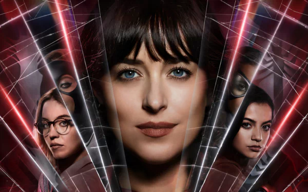 HD desktop wallpaper featuring characters from the movie Madame Web with abstract red web patterns.