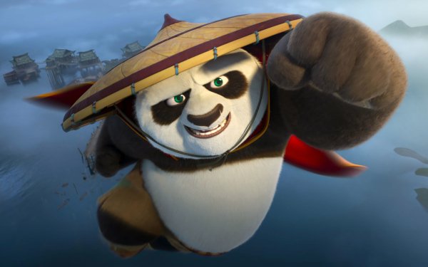 HD wallpaper featuring Po from Kung Fu Panda 4, poised for action with a traditional hat against a misty village backdrop, perfect for movie enthusiasts' desktop and background.