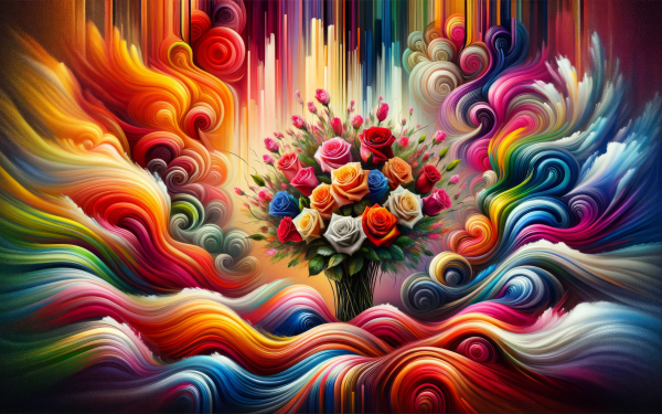 Colorful abstract HD wallpaper featuring a vibrant bouquet of roses with swirling patterns.