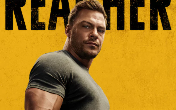 HD desktop wallpaper featuring the promotional artwork for the TV show 'Reacher' with the lead character portrayed by Alan Ritchson against a yellow background.