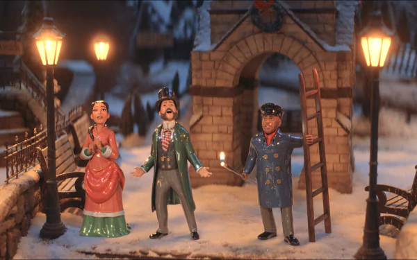 HD wallpaper featuring animated characters from the movie Candy Cane Lane in a festive winter scene with snow, streetlamps, and a charming village backdrop.