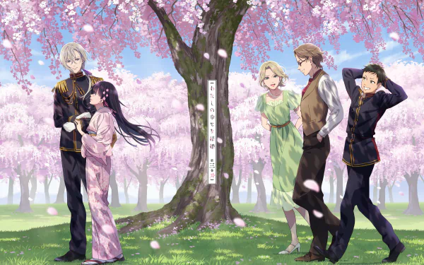 Anime-style 4K Ultra HD PC desktop wallpaper featuring five characters standing beneath blossoming cherry trees with petals gently falling around them.