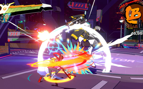 HD wallpaper of an action-packed scene from the video game Hi-Fi Rush, featuring a character battling with vibrant effects on a city street.