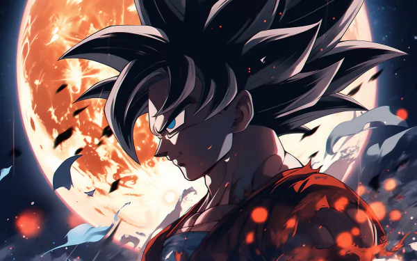 HD Anime Dragon Ball Z Wallpaper featuring Goku with a fiery aura against a backdrop of a glowing planet.