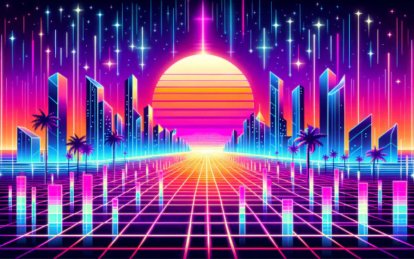 HD retro-futuristic cityscape desktop wallpaper with neon colors and sun setting in the background.