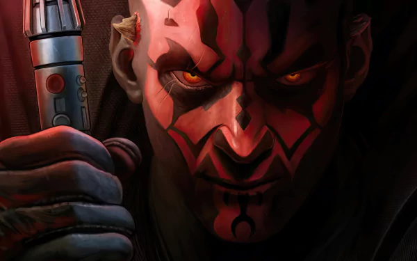HD desktop wallpaper featuring Darth Maul from Star Wars with his red and black face tattoos and intense eyes.
