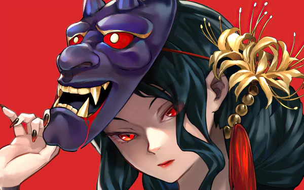 HD wallpaper of Muzan Kibutsuji character art from Demon Slayer: Kimetsu no Yaiba anime series, featuring a detailed illustration with a traditional Japanese demon mask.