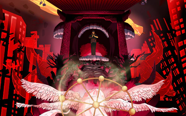 HD desktop wallpaper featuring intense scenes from 'Jujutsu Kaisen' with anime characters Mahoraga and Sukuna amidst vibrant red tones and intricate background details.