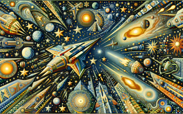 Vibrant HD desktop wallpaper featuring an artistic rendition of space travel with a spaceship and celestial bodies in cosmic scenery.