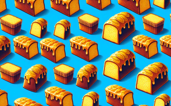 A vibrant HD desktop wallpaper featuring an array of illustrated pound cakes with a bright blue background, showcasing various shapes and designs of the sweet treat.