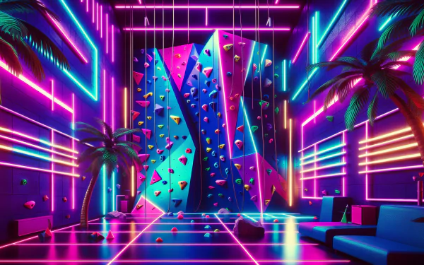 A vibrant indoor climbing wall surrounded by neon lights and palm trees, creating an energetic atmosphere. This HD image serves as an engaging desktop wallpaper.