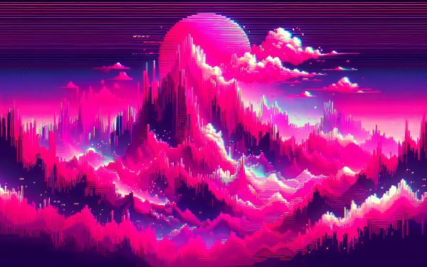 HD desktop wallpaper featuring a vibrant hot pink retro-futuristic landscape with neon hues and abstract shapes, perfect for a stylish background.