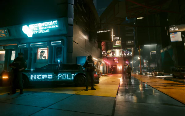 Vivid cyberpunk desktop wallpaper featuring futuristic cityscape with neon lights and high-tech elements.