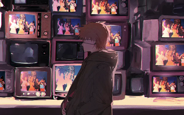 Anime HD desktop wallpaper featuring Denji from Chainsaw Man standing in front of a wall filled with vintage television screens displaying colorful scenes.
