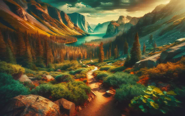Scenic hiking trail HD wallpaper featuring a serene mountainous landscape with lush greenery and a winding path leading toward a distant lake at sunset.