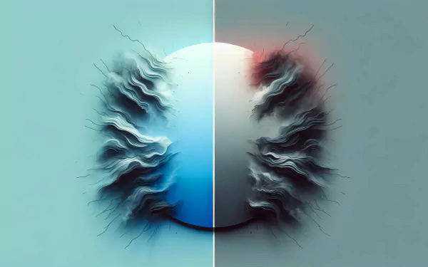 High-definition desktop wallpaper featuring an abstract illustration of a mind under stress with a dual-tone color split and wavy patterns.