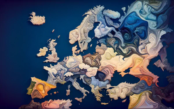 A vibrant, abstract HD wallpaper featuring a creatively designed map of Europe, showcasing swirling colors and distinctive shapes against a deep blue background.