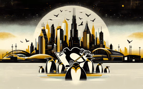 HD Pittsburgh Penguins-themed wallpaper featuring stylized penguins and cityscape with bridges and a large moon.