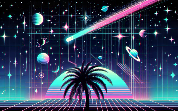 HD wallpaper with retro-futuristic space theme featuring neon palm tree, planets, and a shooting star on a grid background.