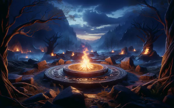 Mystical fire pit in a forest clearing HD wallpaper with glowing embers and twilight ambiance for desktop background.