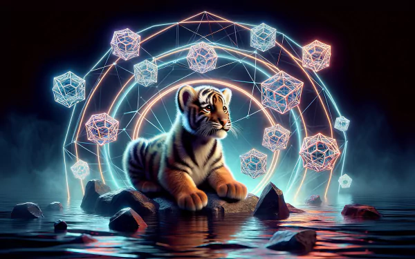 HD wallpaper of a tiger cub with mystical geometric patterns in the background.