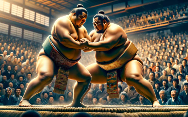HD wallpaper of two sumo wrestlers in a bout inside a sumo ring, with an attentive audience in the background.