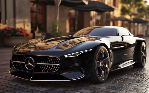 A sleek black Mercedes-Benz sports car showcased on a cobblestone street, with elegant architecture in the background, serving as a stunning HD desktop wallpaper.