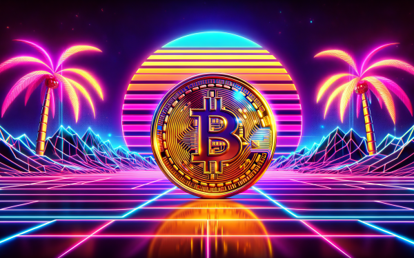 HD Bitcoin-themed desktop wallpaper featuring a vibrant illustration of a golden Bitcoin coin against a neon retro-futuristic landscape with palm trees and glowing grid lines.
