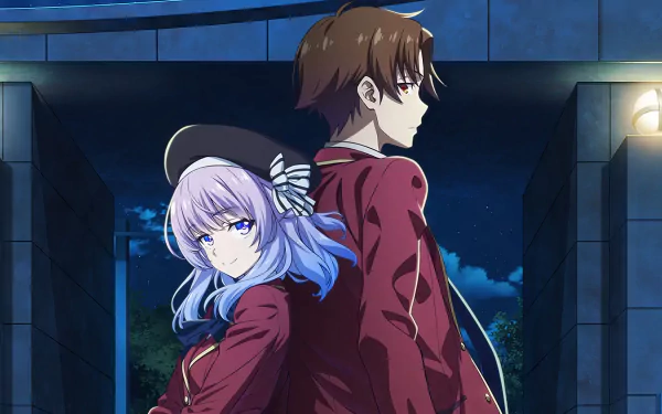 HD desktop wallpaper featuring Kiyotaka Ayanokōji and Arisu Sakayanagi from the anime Classroom of the Elite, situated in a night setting with a soft glow from nearby lights.