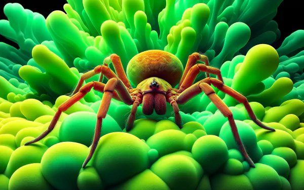 HD wallpaper of a brown recluse spider on a vibrant green abstract background for desktop.