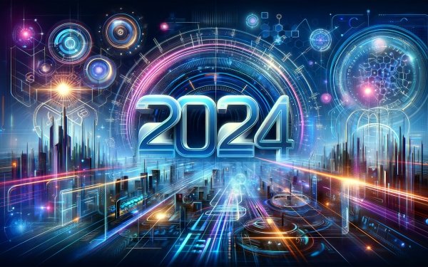 HD futuristic cityscape desktop wallpaper with vibrant neon lights and the number 2024 in bold.