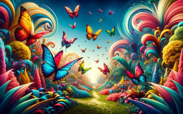 Colorful HD desktop wallpaper featuring a vibrant butterfly garden with an array of butterflies in flight, perfect for a serene background.