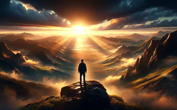Inspirational HD wallpaper featuring a silhouette of a person standing on a mountain peak with a dramatic sunrise and rays of light piercing through the clouds over a rugged landscape.