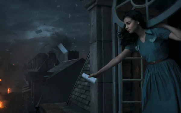 HD wallpaper featuring a dramatic scene from the TV show 'All the Light We Cannot See' with a woman looking out from a building during a nocturnal air raid.