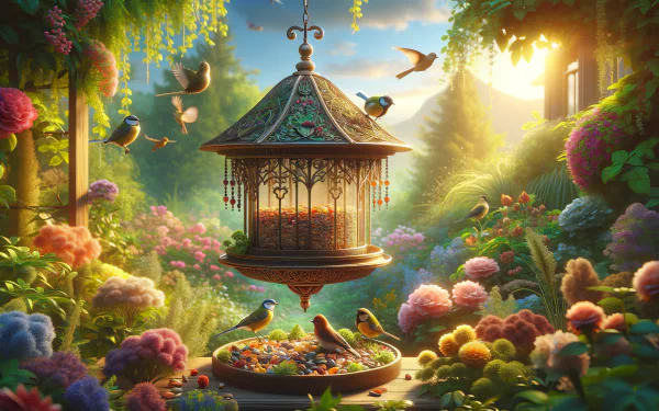 A vibrant bird feeder in a lush garden, surrounded by colorful flowers and lively birds, illuminated by soft sunlight; an enchanting HD desktop wallpaper and background.