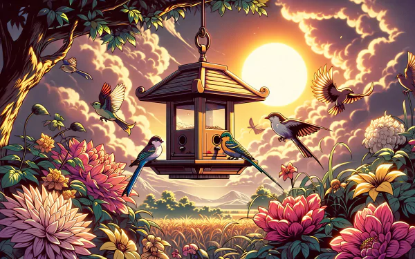 A vibrant bird feeder scene at sunset, surrounded by colorful flowers and birds. This stunning image serves as an HD desktop wallpaper, capturing the beauty of nature.