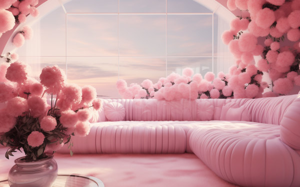 HD desktop wallpaper featuring a pink aesthetic room with a plush sofa, fluffy pink clouds, and a serene pink-hued sunset visible through a large window, perfect for a calming background.