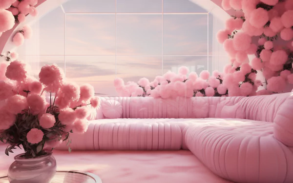 A serene pink aesthetic interior featuring a plush couch surrounded by soft pink flowers and a scenic window view. This HD wallpaper transforms any space with its calming hues.