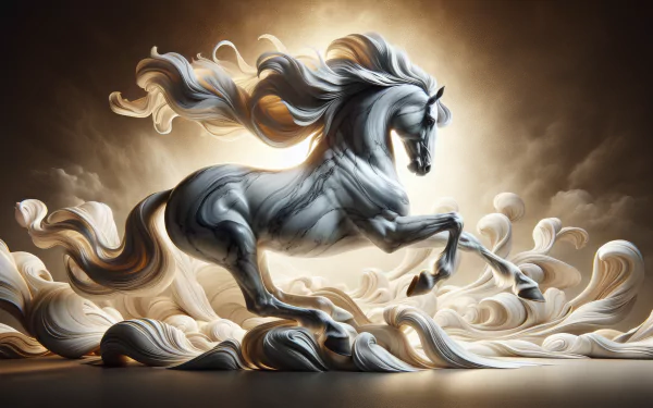 A majestic stallion with flowing mane leaps gracefully against a dramatic backdrop of swirling clouds, creating a stunning HD desktop wallpaper.
