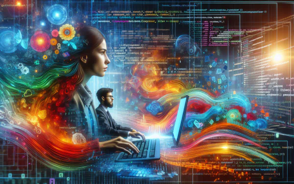 HD wallpaper featuring a stylized representation of a programmer at work with vibrant abstract digital art elements symbolizing creativity and technology in the background.