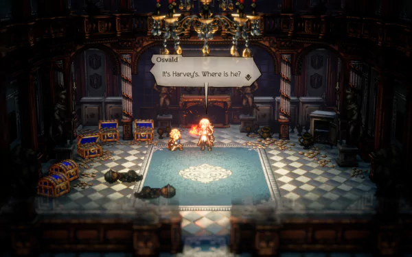 HD wallpaper of a scene from Octopath Traveler II featuring a character named Osvald in an ornate room with dialogue displayed.