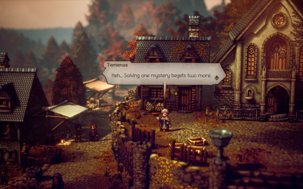 HD desktop wallpaper featuring a scenic view from Octopath Traveler II video game with a character and dialogue box.