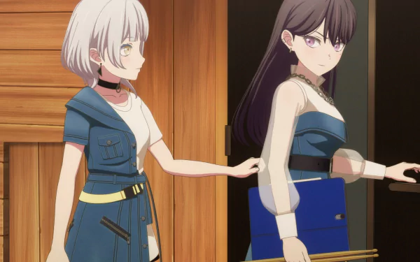 HD desktop wallpaper featuring two anime characters from BanG Dream It's MyGO!!!!!, standing inside a room.