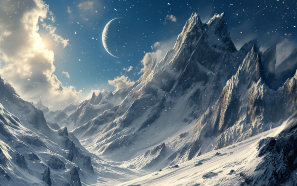 HD winter mountain wallpaper featuring a snowy landscape with majestic peaks under a starry sky with a crescent moon, ideal for a desktop background.