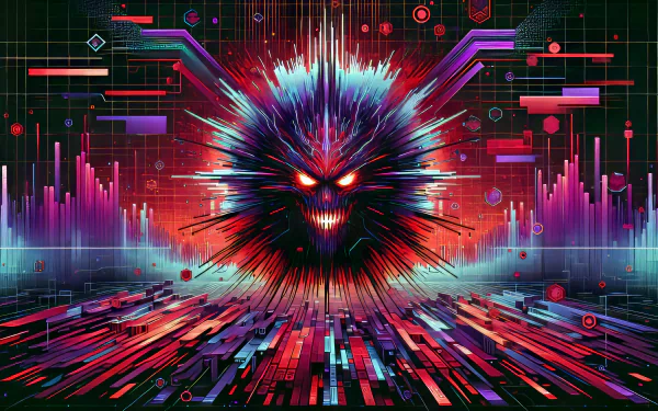 HD Wallpaper of stylized digital virus with glowing red eye in cybernetic environment for desktop background.