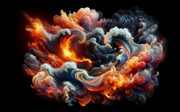 HD abstract wallpaper of stylized waves with fiery orange and cool blue swirls on a black background.