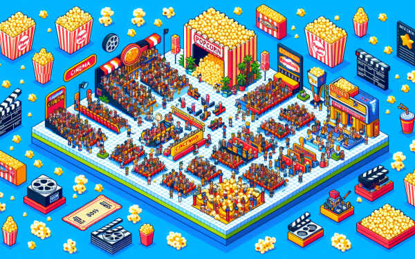Colorful HD desktop wallpaper featuring an isometric illustration of a vibrant theater setting with popcorn-themed decor.