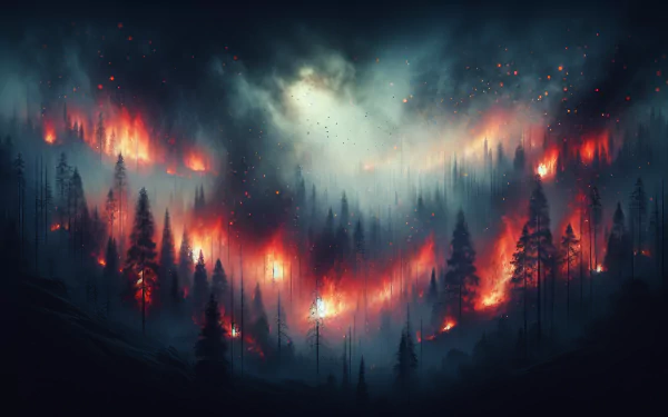 HD desktop wallpaper featuring a dramatic wildfire in a forest at night with vivid flames and smoke against a starry sky.